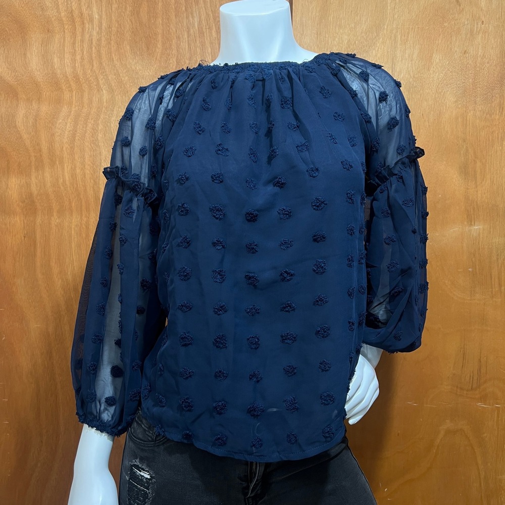 Women Chiffon Blouse Off The Shoulder Pom Pom Tops Swiss Dot Lantern Sleeve S